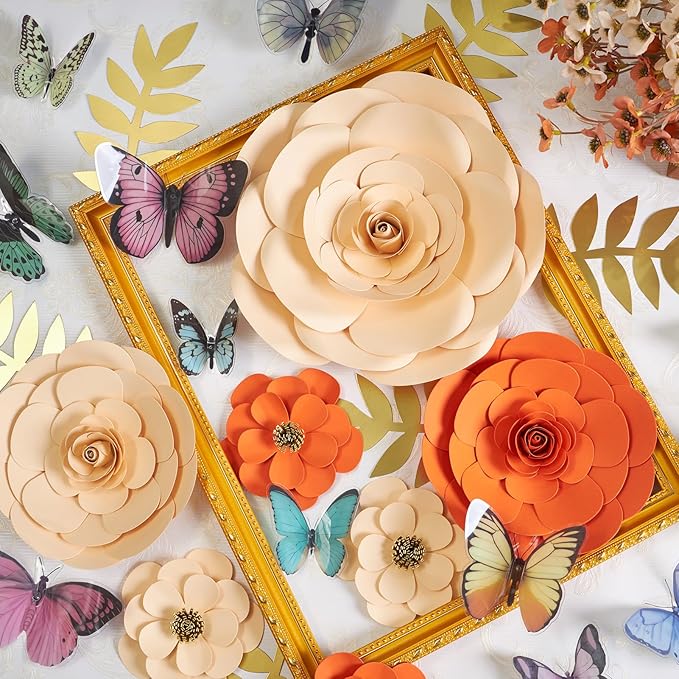 PAPER JAZZ Spring Artifical Paper Flowers Decorations for Wall, Orange Bulletin Board Decorations for Classroom, Flower Window Clings for Wedding Party,Tea,Baby Shower.