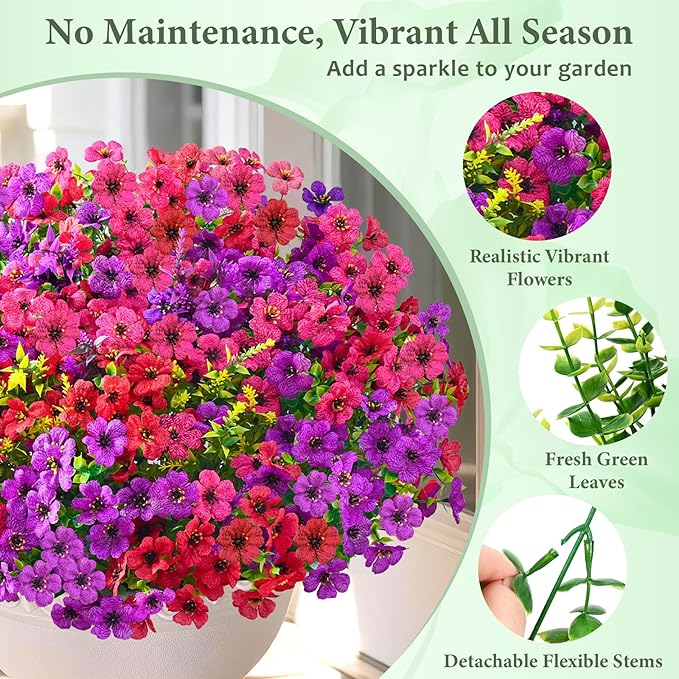 Artificial Flowers for Outdoors, 34 Bundles UV Resistant Fake Outdoor Flowers, Realistic Faux Outdoor Flowers for Decoration, Outside Fake Plants for Porch Garden Decor, Mixed Rose Red Purple