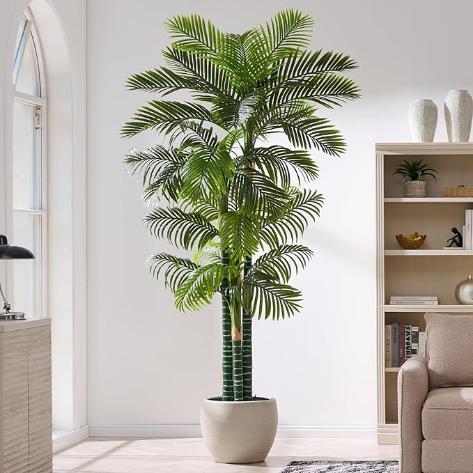 8.5FT Tall Golden Cane Palm Tree with 4 Trunks (1 Pack), Extra Lush Large Faux Plants, UV Resistant Indoor/Outdoor Fake Plant in Black Base Pot - Realistic Tropical Decor for Patio, Home, Office