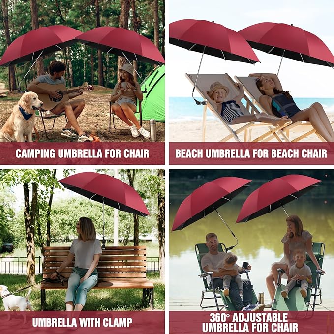 2 PACK Beach Umbrella with Clamp, 360 ° Adjustable Umbrellas for Chair, UPF50+ Umbrella for Beach Chair, Patio Chair, Wheelchair, Camping Chair, Golf Carts (Chair Not Included)