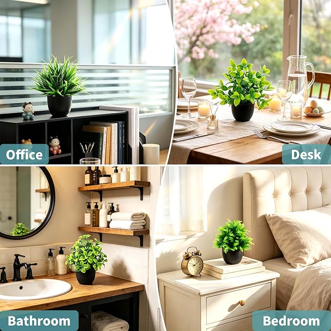 4 Pack Fake Plants Small Artificial Potted Plants for Home Office Desk Decor, Mini Faux Greenery with Black Pots, Assorted Artificial Grass & Leaf Plants for Indoor Shelf Bathroom Kitchen Decoration