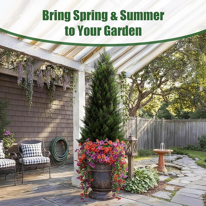Artificial Topiary Cedar Trees 4FT Tall 2 Set with 12 Bundles Faux Silk Flowers, Outdoor Indoor Faux Pine Shrubs Plants, Fake Bushes Plants for Home Front Porch Door Patio