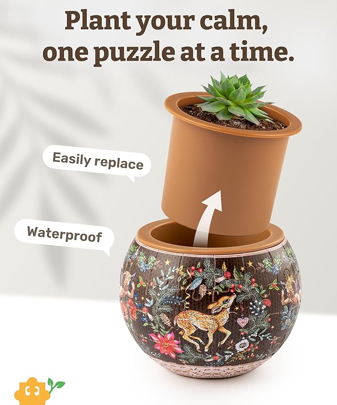 PieceRelax 3D Puzzle Planter 80 Pieces - Deer Carol, for Mom, Home Decor Flower Pots for Indoor Cactus, Succulents Pots [K1130]