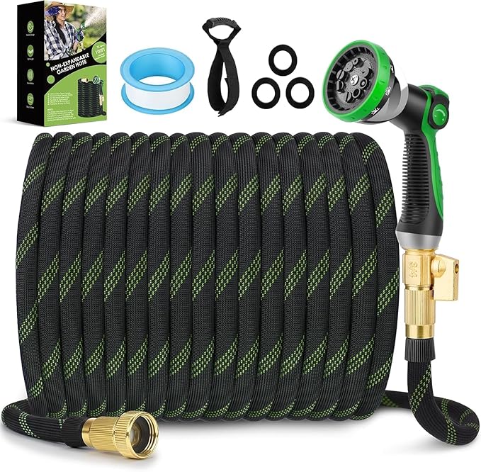Non-Expandable Garden Hose 100 ft, Ultra Lightweight & Flexible Water Hose With 10-Pattern Spray Nozzle, Full Length Leak-Proof Design, High-Density Fabric & Shut-Off Valve, Hose Straps