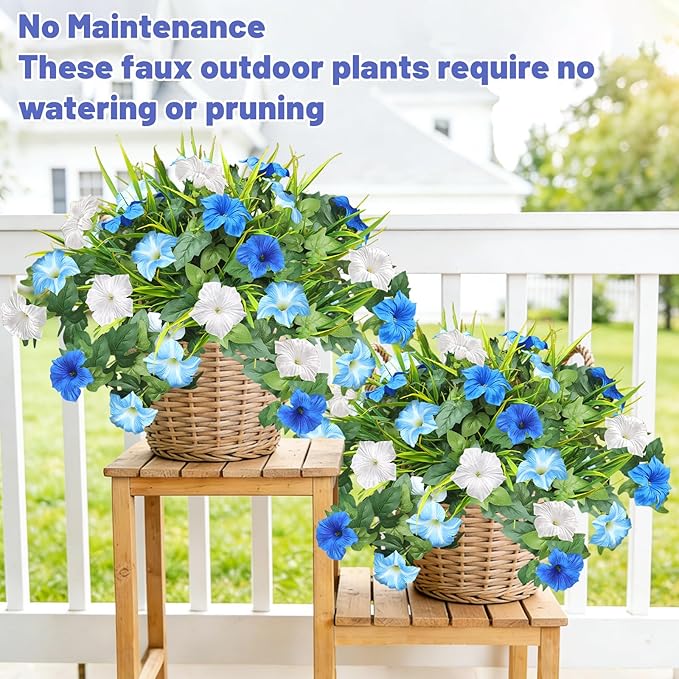 Artificial Flowers Plants for Outdoors, 6PCS UV Resistant Faux Flowers Outdoor Plants, Fake Petunias Silk Flowers for Garden Balcony Yard Porch Decor (White Blue)