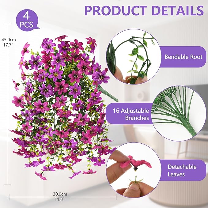 Artificial Hanging Baskets Outdoor, 4 Bundles Artificial Hanging Flowers Outdoors Spring Summer Decoration, No Fade Realistic Fake Hanging Baskets for Porch Patio Balcony Home Yard Decor