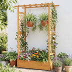Happygrill 70” Raised Garden Bed with Trellis, Wood Planter Box w/Hanging Roof, 2 Side Trellises, Open-ended Base for Flower, Vegetable, Vine Climbing Plant, Vertical Plant Container for Garden, Patio