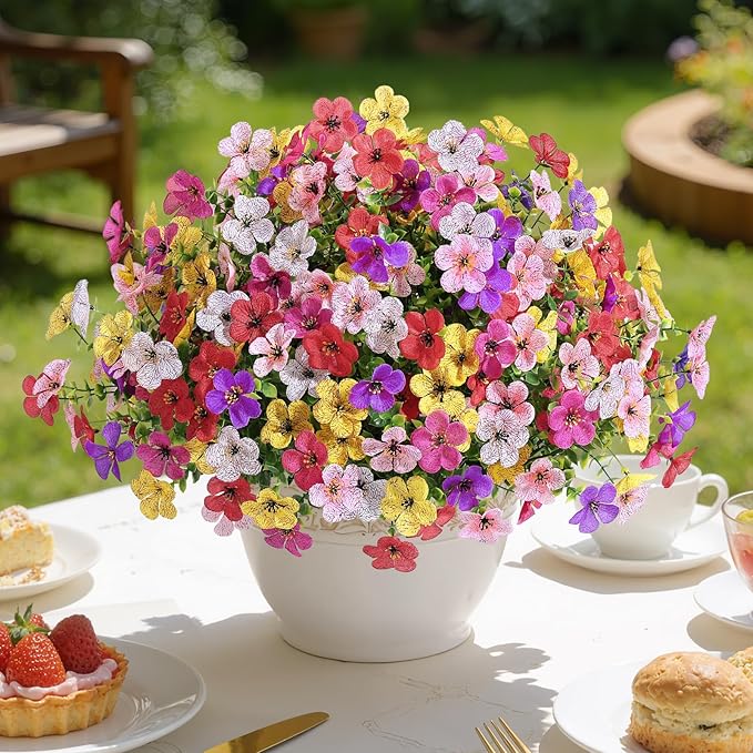 Alupssuc 20 Bundles Artificial Flowers for Outdoor Indoor Decoration, UV Resistant No Fade Fake Plants Eucalyptus, Colorful Faux Spring Flowers for Outside Yard Porch Patio Garden Home Window Box