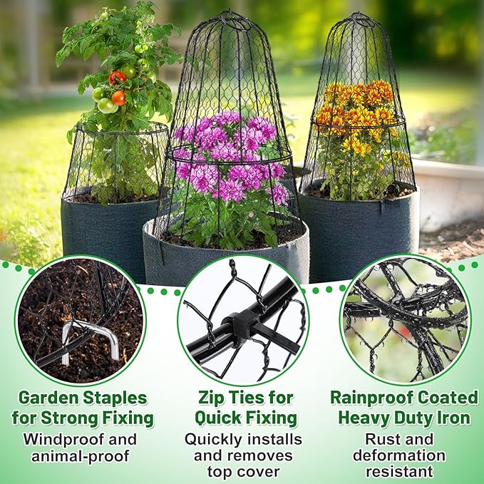 Cloche Plant Protectors from Animals - 17.3"Hx11.8"D Chicken Wire Plant Covers with Removable Flip-Top Design, Rustproof Metal Garden Cloches Keep Rabbits, Squirrels, Deers, Birds Out - 5 Pack