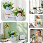 LADADA Artificial Blue Peony Flowers with Eucalyptus and Green Berries in White Square Vase - Fake Floral Arrangement for Home Decor, Table Centerpiece, Bathroom, Office, Wedding, Farmhouse Decor