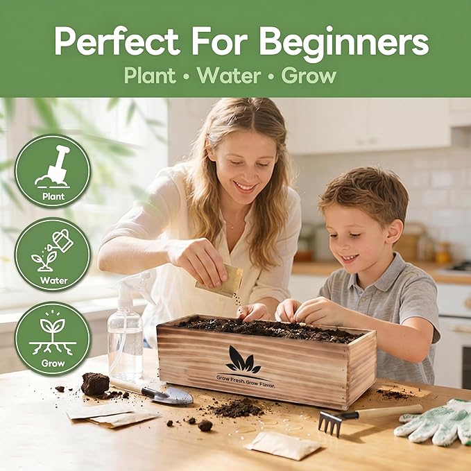 Indoor Herb Garden Starter Kit, Unique Gifts 5 Herb Garden Planter Indoor Kit with Wooden Box Including Basil, Cilantro, Thyme, Parsley, Mint, Fresh Herb Garden, Gardening Gifts for Women