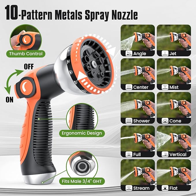 Flexible Garden Hose 100 ft, Non-Expanding Lightweight Water Hose, with 10 Pattern Sprayer, All Weather, Durable, Kink and Abrasion-Resistant, Leak-Free, Orange