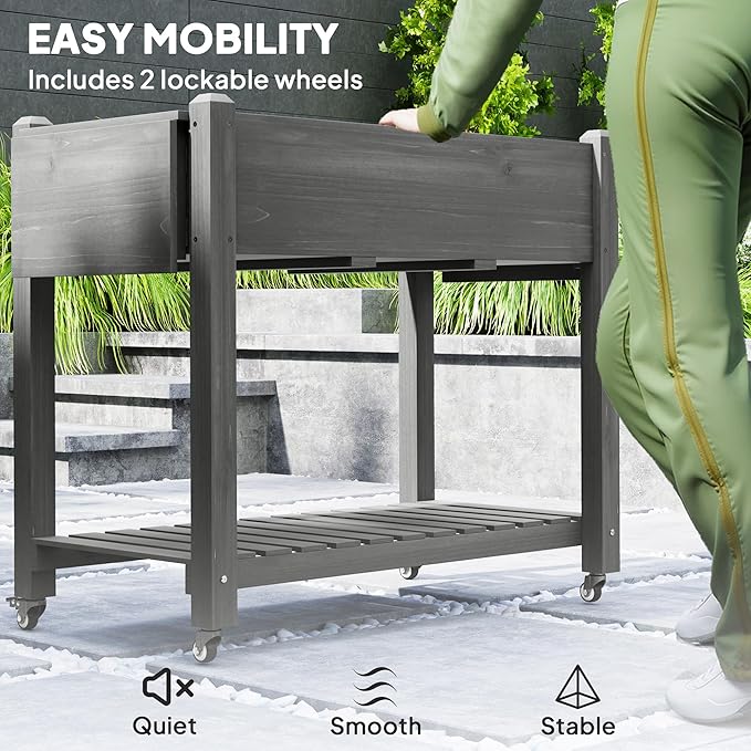 Outsunny Raised Garden Bed, 57 x 20.5 x 34 in Wood Elevated Planter Box with Lockable Wheels, Side Tables and Bottom Shelf, Outdoor Raised Planter with Bed Liner and Drainage Holes, Gray