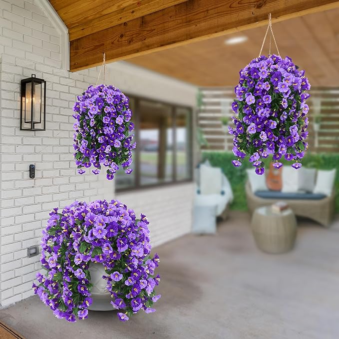 Sggvecsy Artificial Fake Hanging Flowers Plants Outdoor Outside Spring Summer Decoration 4PCS Faux Silk UV Resistant Morning Glory Trailing Vines for Home Porch Patio Balcony(Purple & Light Purple)