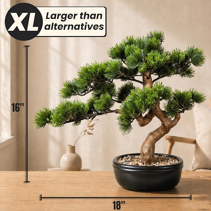 Artificial Bonsai Tree 16" Tall with Realistic Wood and Ceramic Pot, Fake Plants for Home, Bedroom and Office Desk, Japanese Decor