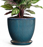 6 Inch Plant Pot, Ceramic Flower Pots for Indoor Plants, Round Planters with Drainage Hole and Saucer, Decorative Small Modern Flower Pots, Home Room Decor, House Warming Gifts, Retro Blue