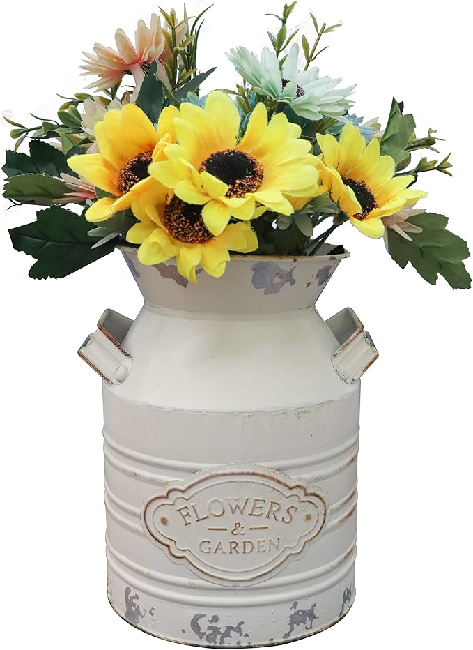 Soyizom Rustic Galvanized Tin Milk Can Decorative White Jug Metal Bucket Flower Pitcher for Farmhouse Decor - Small,7.9"H
