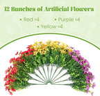 Artificial Flowers for Outdoors Potted Spring Decor, 12 Bundles Fake Summer Daisy with Realistic Eucalyptus Leaves, Faux Plants for Greenery Boxwood Porch Patio Garden Pot Lawn(Red Purple Yellow)
