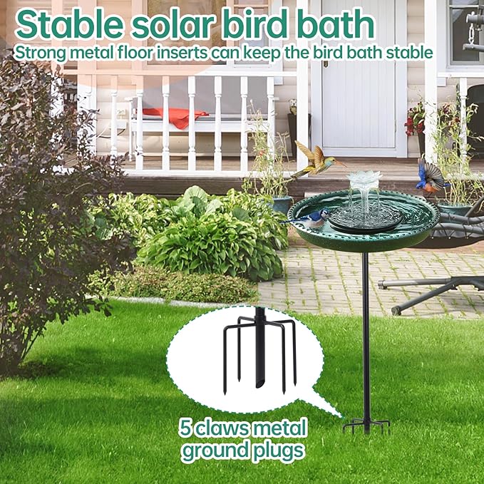 Yiabivo Solar Powered Bird Bath with Fountains for Hummingbirds,Stable Stylish Design with 5-Prong Base Stake Plastic Bird Bath for Outside Lawn Patio Yard Garden
