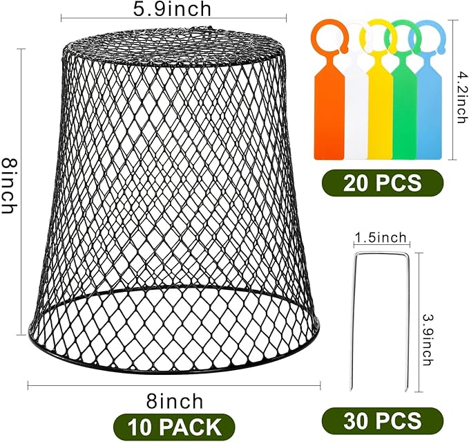 SOUJOY 10 Pcs Chicken Wire Plant Covers, 8 x 8 Inches Metal Garden Cloche with 30 Garden Stakes and 20 Waterproof Labels, Plant Protectors from Animals for Keeping Bunnies Chicken Squirrels Birds Out