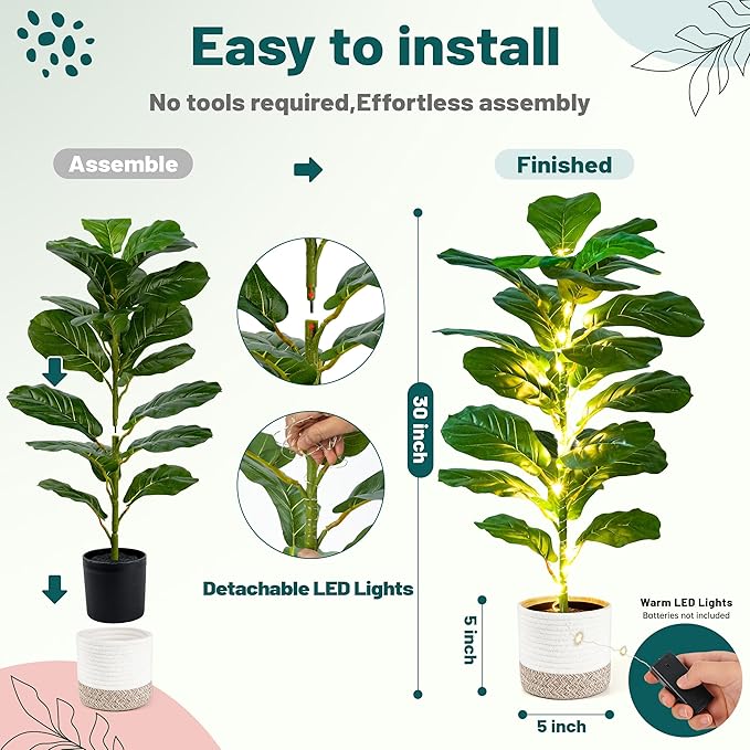 Der Rose 2 Pack 30" Artificial Fiddle Leaf Fig Tree, Mid-Size Realistic Plants Indoor & Outdoor Fake Plants for Apartment Home Living Room Office Decor