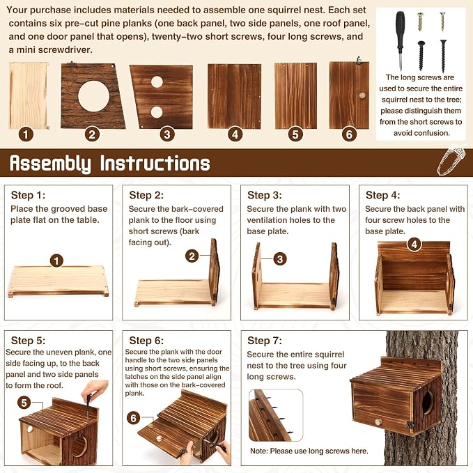 Chumia Squirrel Nesting Carbonized Wooden Squirrel House Outdoor Weather Natural Style Ventilation Easy to Clean Breed Living Shelter for Bird Small Animal