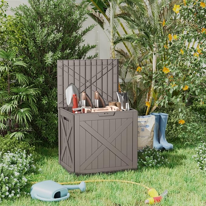 32 Gallon Deck Box, Waterproof Outdoor Storage Boxes For Garden Tools,Indoor Cushions,Accessories Outside Storage Resin Lockable Weatherproof Container(Grey)