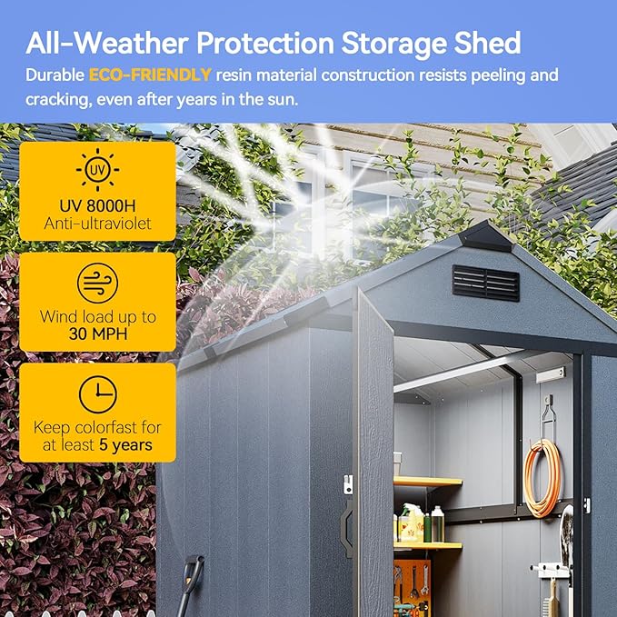 Aoxun 4x6 FT Outdoor Storage Shed with Built-in Magnetic Suction Light, Plastic Garden Resin Shed with Floor, Outdoor Storage with Lockable Door for Bike, Tools, Garbage Can, Dark Grey