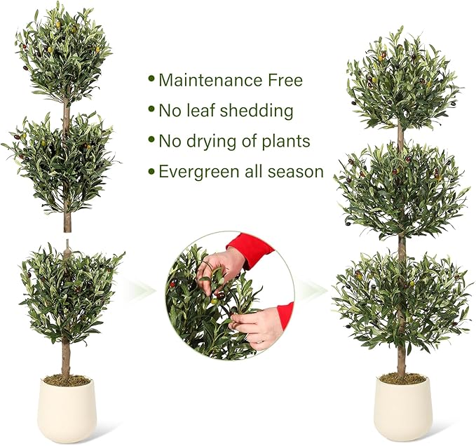 5 ft Artificial Olive Tree, Triple Ball Topiary Faux Plant with Moss & Pot, Outdoor Indoor Realistic Fake Shrubs Trees, Round Bushes Fake Shrubs Potted for Home Offices Porch Decor, Set of 2
