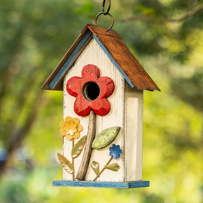 Glitzhome Bird House for Outdoor Hanging, 10.2" H Garden Decorative Birdhouse Pet Cottage Distressed Wooden Bird House for Outside, Bird Nest Box for Bluebird Wren Chickadee Sparrow, Flower White