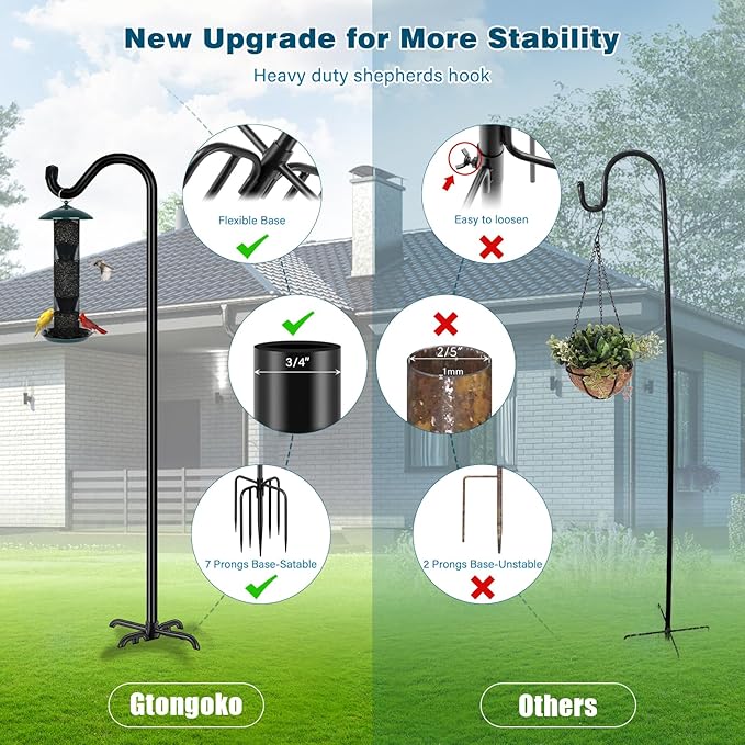 Gtongoko Shepherds Hook for Outdoor, 92 Inch Bird Feeder Pole with 7 Prongs Base, 3/4 Inch Thick Heavy Duty Adjustable Garden Hook for Hanging Plant, Hummingbird Feeder, Lantern, 1 Pack