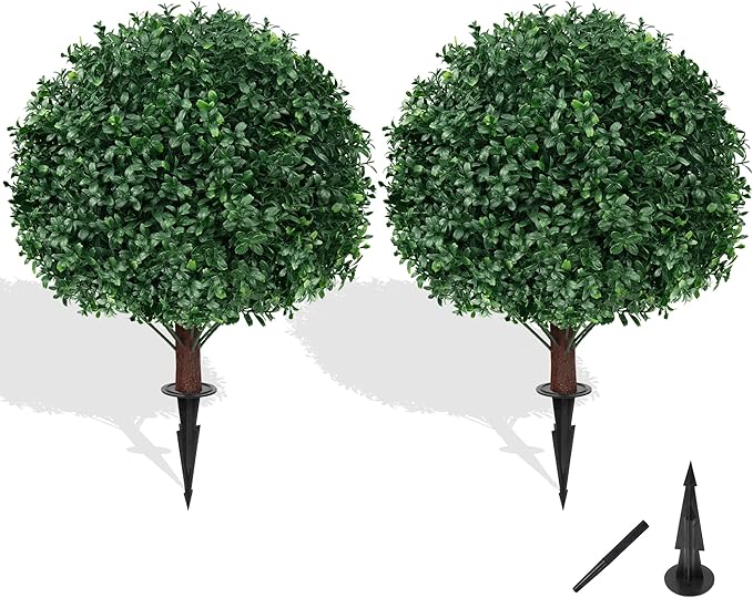 Grooy Artificial Boxwood Topiary Ball Tree with Ground Spike, Set of 2 Artificial Shrub Bushes, Fake Evergreen Tree for Porch, Artificial Plants for Outdoor Planters Indoor UV Resistant