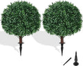 Grooy Artificial Boxwood Topiary Ball Tree with Ground Spike, Set of 2 Artificial Shrub Bushes, Fake Evergreen Tree for Porch, Artificial Plants for Outdoor Planters Indoor UV Resistant