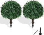 Grooy Artificial Boxwood Topiary Ball Tree with Ground Spike, Set of 2 Artificial Shrub Bushes, Fake Evergreen Tree for Porch, Artificial Plants for Outdoor Planters Indoor UV Resistant