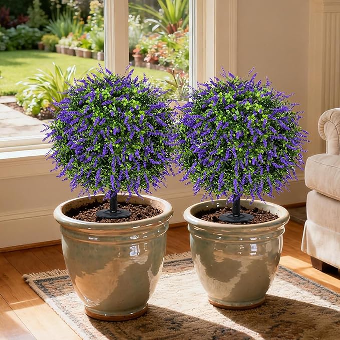 Bdor 25" Artificial Lavender Topiary Ball Trees with Ground Stake, Faux Potted Plants Purple Lavender Set of 2, Outdoor Fake Flower Bushes, UV Resistant for Home Lawn and Front Porch Garden Decor