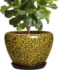 10 Inch Ceramic Pots for Plants - Indoor Plant Pots with Drainage Hole and Saucer, Round Planters for Outdoor Plants, Modern Large Planter, Garden Decor, Gifts for Gardeners, Yellow Leopard