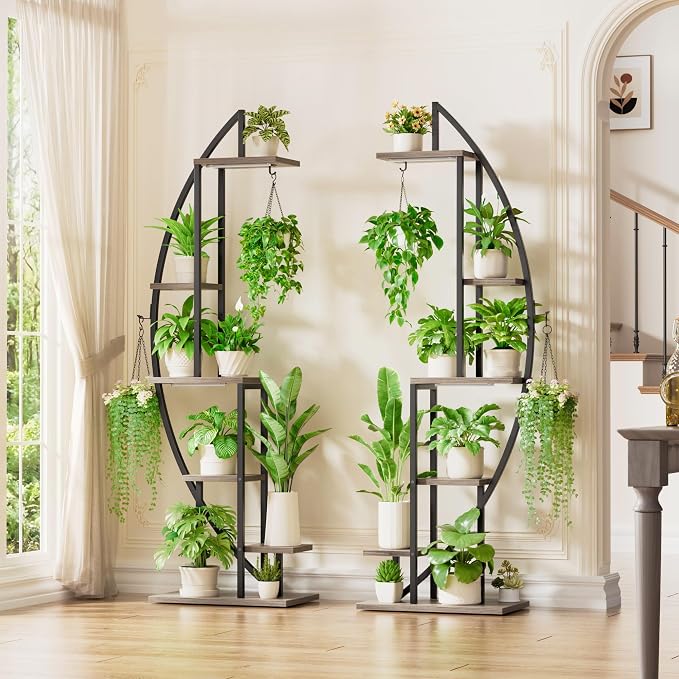 BACEKOLL Plant Stand Indoor with Grow Lights, 6 Tiered Tall Plant Shelf, 63" Metal Plant Stand for Indoor Plants Multiple, Half-Moon Plant Rack Display Shelf, 2 Pcs Plant Holder for Living Room, Grey