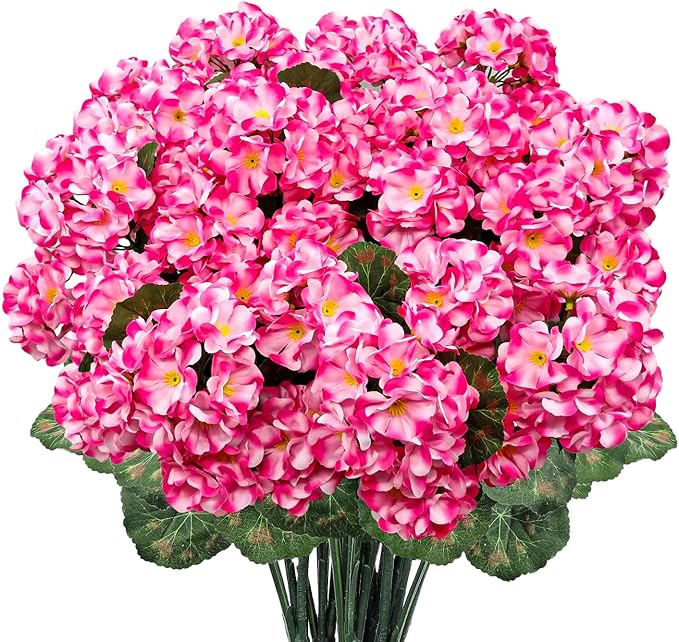 6 Bundles Artificial Geranium Flowers for Outdoors, Realistic Silk Geraniums Fake Flowers UV Resistant Faux Plants for Porch Front Door Planter Patio Balcony Outside Decor (Pink)