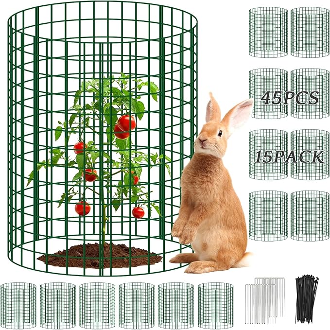 15 Packs Plant Protectors from Animals, 45Pcs 12"x 16" Large Metal Wire Mesh Garden Plant Cages for Outdoor Gardening, Chicken Wire Cloche Plant Cages for Rabbits with Zip Ties & Stakes(Green)