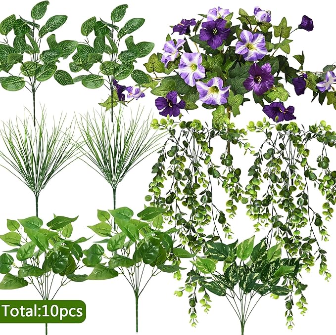 Waipfaru Artificial Plants & Flowers, UV Resistant Fake Plants Artificial Flowers Outdoors, Realistic Faux Petunias Fake Hanging Plants for Outside Garden Balcony Yard Porch(10 Bundles Purple White)