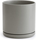 D'vine Dev 10 Inch Ceramic Planter Pot with Drainage Hole and Saucer, Indoor Cylinder Round Planter Pot, Grey, 94-O-E-3