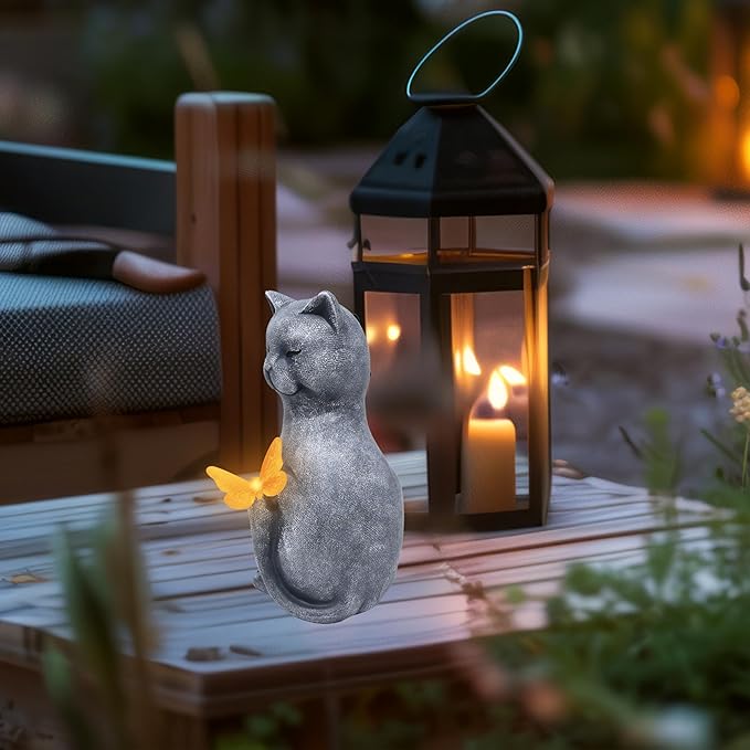 Gift Boutique Cat Outdoor Statues with Solar Butterfly Light Cute Garden Figurine for Yard Patio Lawn Pathway Decor Waterproof Resin Cat Sculpture