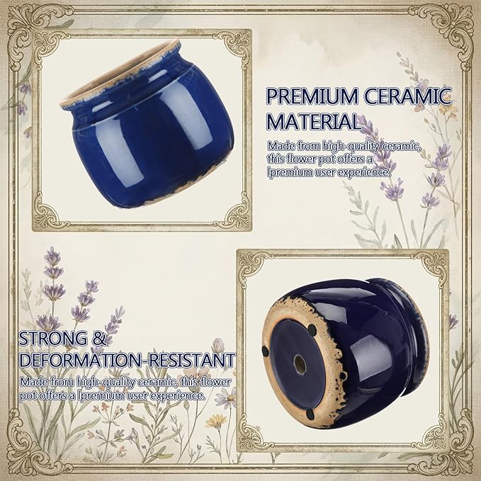 Vintage Large Ceramic Planter Navy Blue Ice Crack Glazed Flower Pot Pure Antique Cottage Flowers Vase Farmhouse Decor for Indoor Plants Succulents Home Kitchen Office