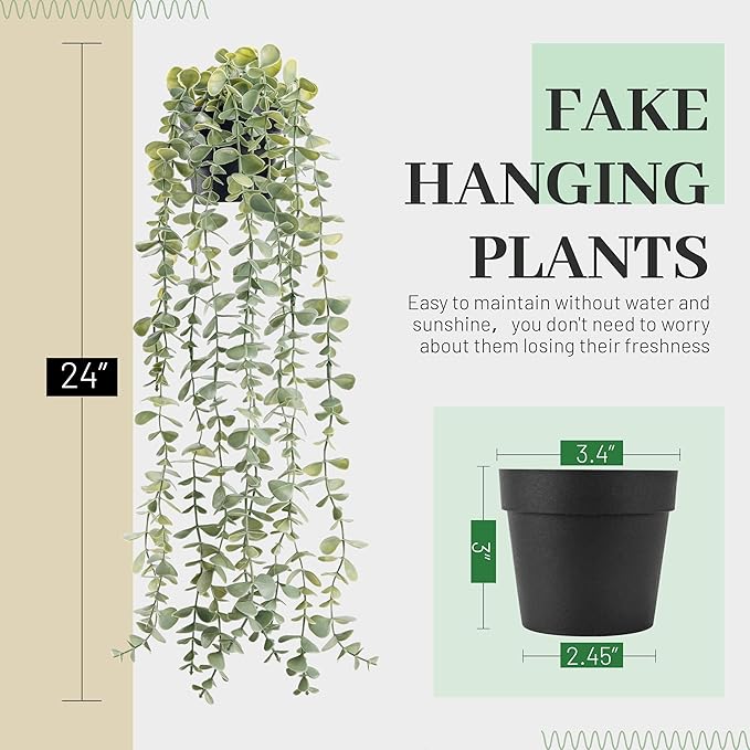 Der Rose 1Pcs Fake Plants Hanging Artificial Potted Faux Eucalyptus Plants for Modern Boho Farmhouse Bathroom Office Desk Wall Art Shelf Living Room Aesthetic Decor Indoor