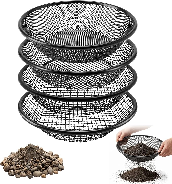 4PCS Soil Sifter for Gardening, 11.8" W Rock Sifter for 5 Gallon Bucket, 3/6/8/10mm Mesh Galvanized Steel Sifting Screen Dirt Sifter for Compost, Worm, Leaves, Sawdust, Rocks, Sand and Gravel