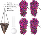 Artificial Fake Flowers Plants Hanging Baskets for Outdoor Outside, Faux Silk Hanging Dark Purple and Fuchsia Morning Glory Trailing Vines UV Resistant Look Real for Porch Patio Home Decoration