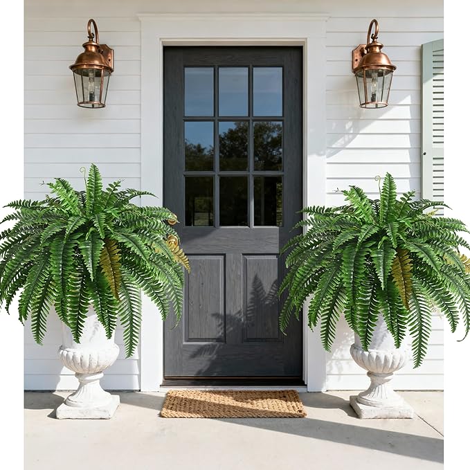 2PCS 45in Fake Ferns- Large Artificial Plants Outdoor, UV Resistant Artificial Ferns for Outdoors, 60 Branches Faux Boston Fern Realistic Weatherproof Fake Plants for Porch Home Patio Hanging Decor
