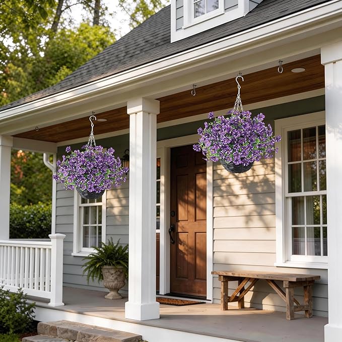 GLIDLION Artificial Flower & Eucalyptus with Hanging Basket - 2PCS Faux UV Sun Resistant Morning Glory in Planter, Fake Colorful Silk Flowers for Spring Summer Porch Patio Balcony Yard Decor (Purple)