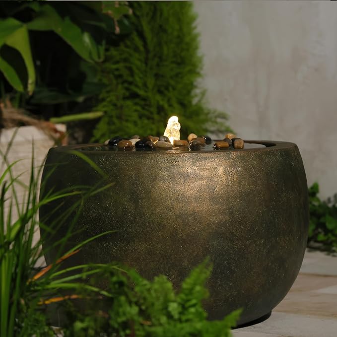 Tankana Garden Water Fountain Outdoor Bubbler Water Feature Indoor with Lights & Pump and Pebbles Waterfall Fountains Concrete Effect for Patio Deck Yard Home Decor Gold, 18 "L x 18" W x 11.5" H