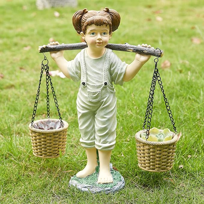 Large Flowers Girl Garden Statue In Stone, Flower & Succulent Planter, Pot Carrying Plants, Pots, Adorable Yard Decor | Indoor & Outdoor Ornament Cute Figurine Lawn, Patio, Home Decoration - 15” x 15”